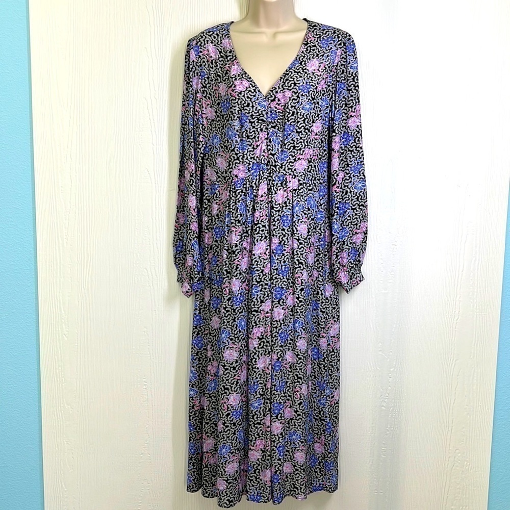 Loft - Colorful Floral Long Sleeve V Neck Ruched Midi Dress Size 6